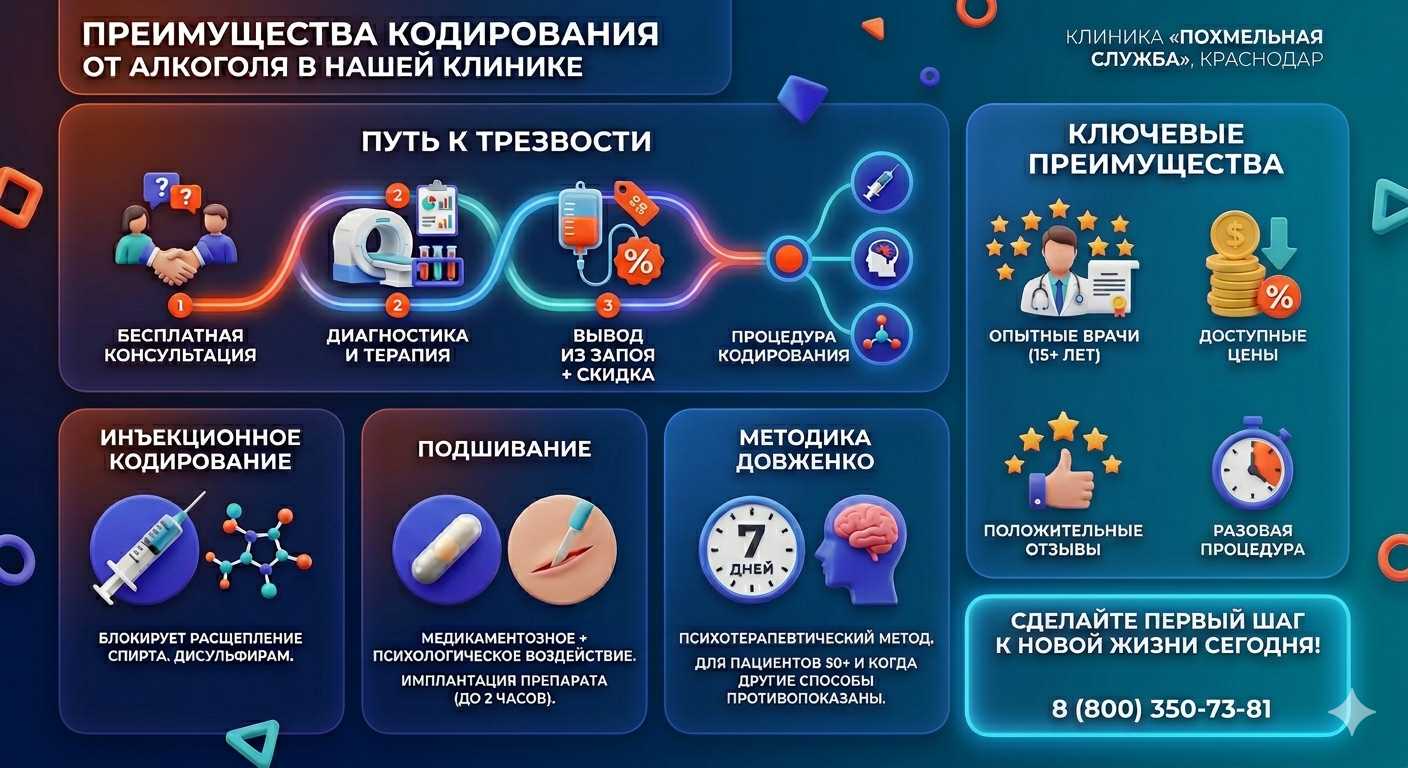 Инфографика о методах кодирования от алкоголя в Гиганте: инъекции, подшивание, метод Довженко. Преимущества клиники и этапы лечения.